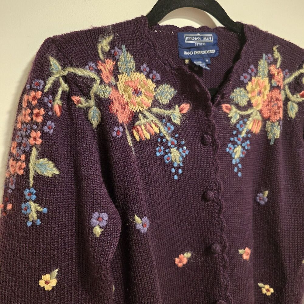 Herman Geist Cardigan Sweater Hand Embroidered 50% Wool Plum Floral Small Petite - Picture 2 of 12